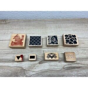 Set Of 8 Mixed Brands Wood Mounted Rubber Stamps
